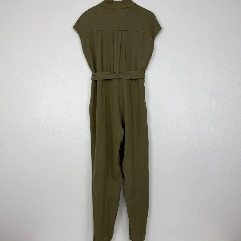 Zara Utility Jumpsuit Women L Olive Green Linen Blend Belted Short Sleeve Safari